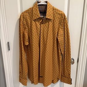 Robert Talbott Burnt Orange, Brow and Yellow Geometric Dress Shirt, Men's Size L